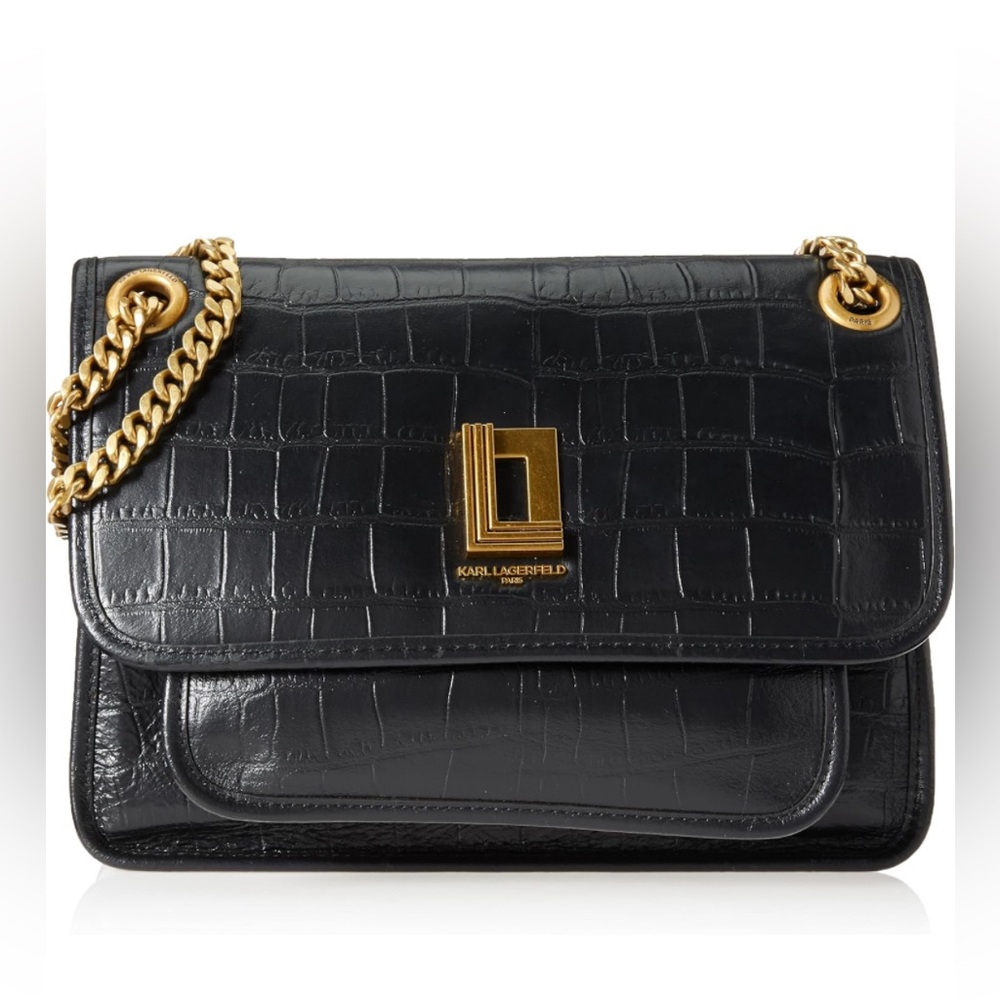 Karl Lagerfeld Black Croc-Embossed Shoulder Bag with Gold Hardware